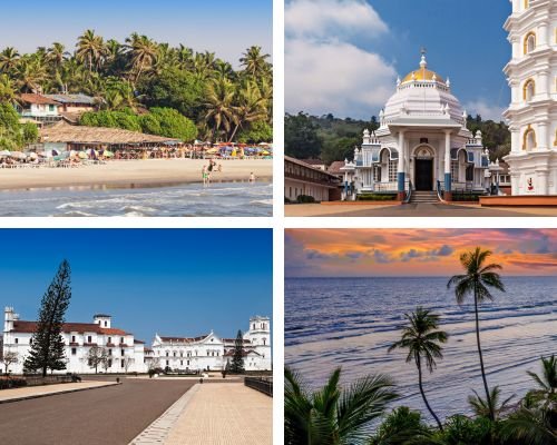 Scenic collage of popular destinations in Goa - beaches, Archeological Survey, and Mangueshi Temple.