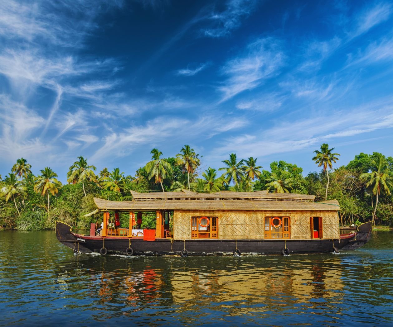 Scenic Houseboat on Backwaters with Coconut Trees