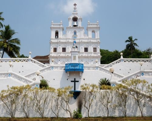 Iconic Immaculate Conception Church in Panjim, Goa adorned with beautiful white façade.