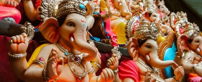 Decorated Lord Ganesh idols in a shop
