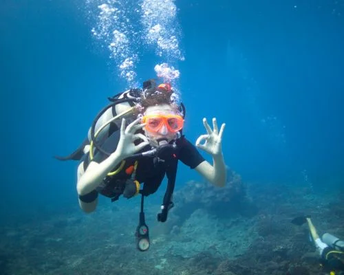 Person showing "awesome" gesture while scuba diving underwater