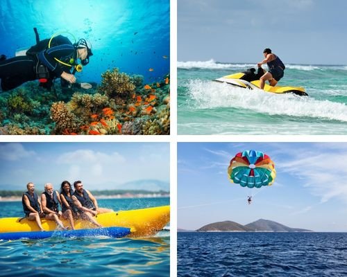 Collage of four water sports activities, scuba diving, banana boat ride, jet ski, and parasailing.